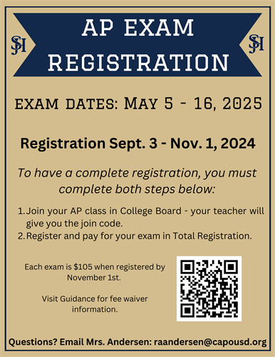 Exam Registration Opens September 3rd. Visit the Guidance Office for more information. 